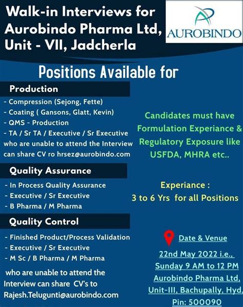 Walk In Interviews For Aurobindo Pharma Ltd Unit VII Jadcherla On