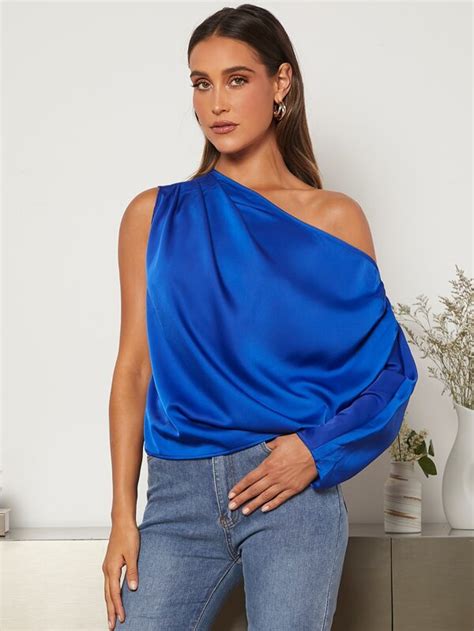 Shein Privé Asymmetrical Neck Ruched Satin Blouse Shein Usa