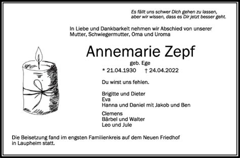 Traueranzeigen Von Annemarie Zepf Schwaebische De Trauerportal