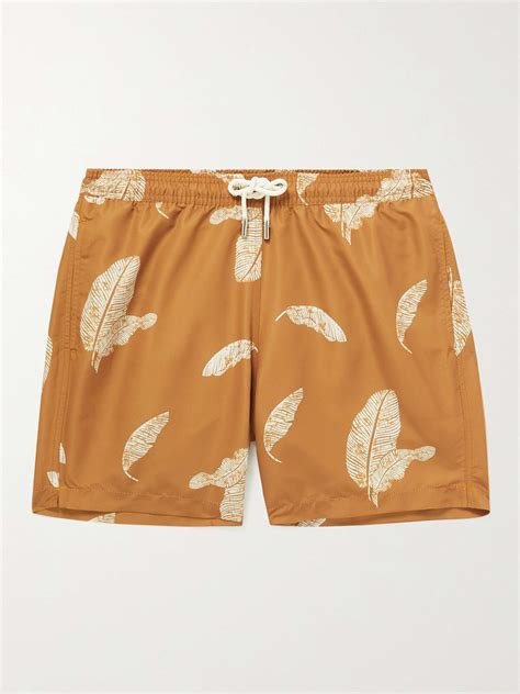 Bronze Straight Leg Mid Length Leaf Print Recycled Swim Shorts Mr P