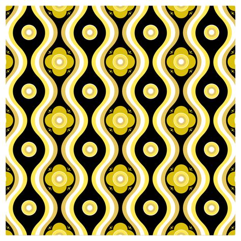 yellow  black retro seventies flowers  wavy lines pattern