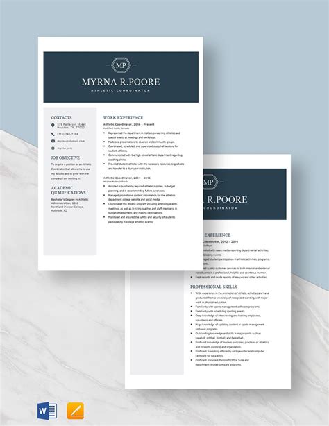 Athletic Coordinator Resume In Pages Word Download