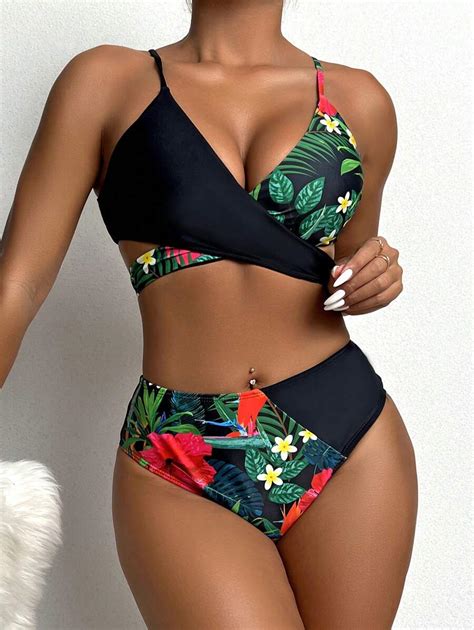 Shein Swim Tropical Print Wrap Bikini Swimsuit With Kimono Shein Uk