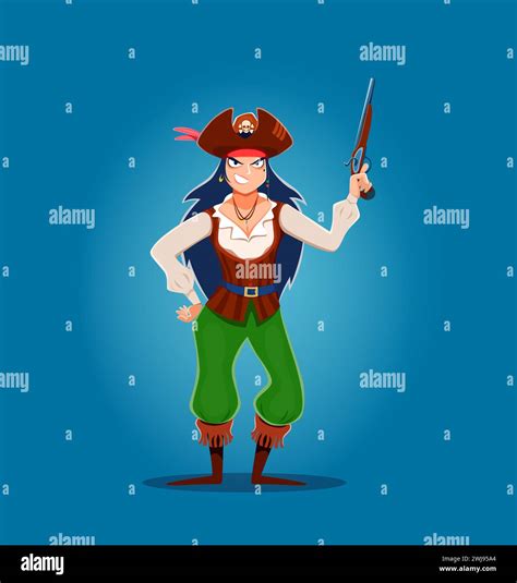 Cartoon Woman Pirate Captain Or Corsair Sailor Character With Pistol