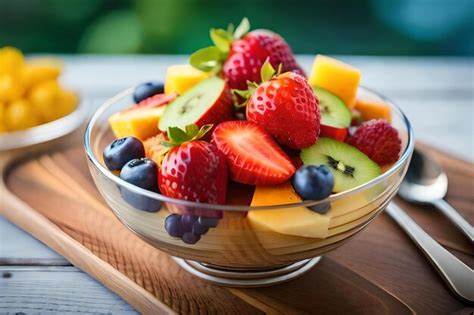 Premium Photo | A bowl of fruit salad with a fruit salad on a wooden board.