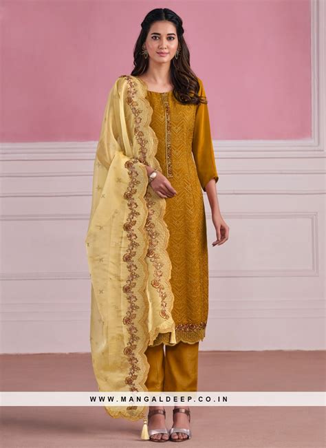 Chinon Chikankari Work Trendy Salwar Kameez In Mustard