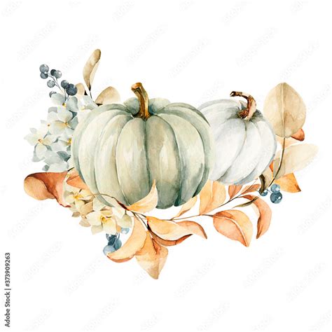 Watercolor Pumpkins Composition Hand Painted Blue And Orange Pumpkins