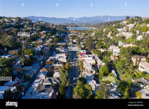 Aerial view above the trendy Silver Lake neighborhood in Los Angeles ...