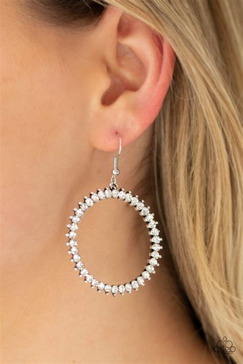 Paparazzi Spark Their Attention White Rhinestone Drop Hoop Earrings