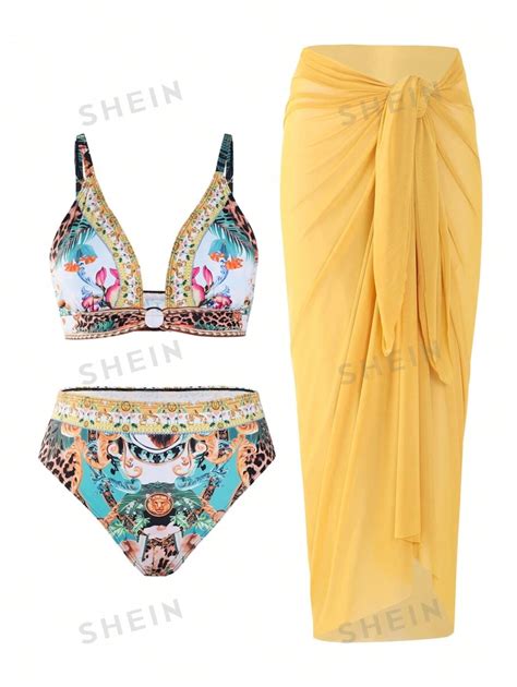 SHEIN Swim Oasis Summer Beach Women S Plus Size Printed Bikini Set 3Pcs