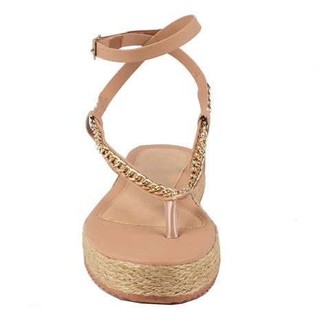 Sandália Linda Luiza Nude Salto Médio Plataforma Tiras Correntes Douradas Amarração Corda