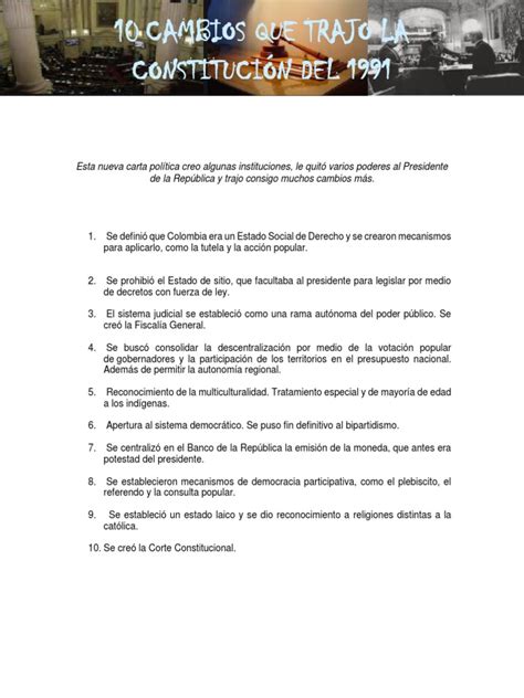 10 Cambios Que Trajo La Constitución De 1991 Pdf Constitución Política