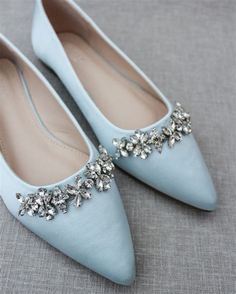 Light Blue Satin Pointy Toe Flats With Floral Rhinestones Etsy