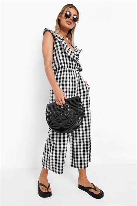 Textured Gingham Ruffle Wrap Culotte Jumpsuit Boohoo Uk