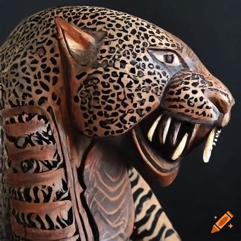 Wooden Panther Jaguar Tiger In Matte Dark Bali Primitive Art Style On