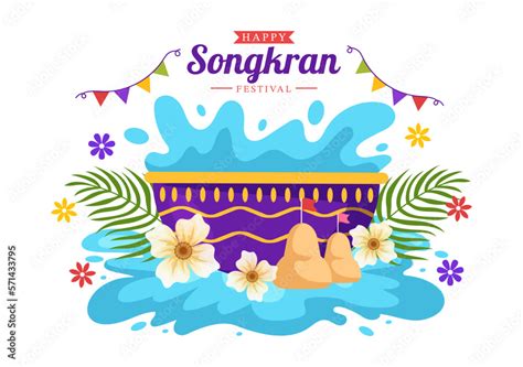 Happy Songkran Festival Day Illustration With Playing Water Gun In Thailand Celebration In Flat