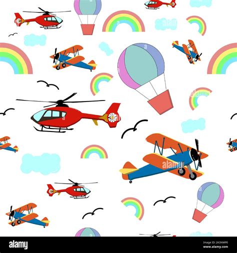 A Seamless Pattern With Different Types Of Aircraft Isolated On A White