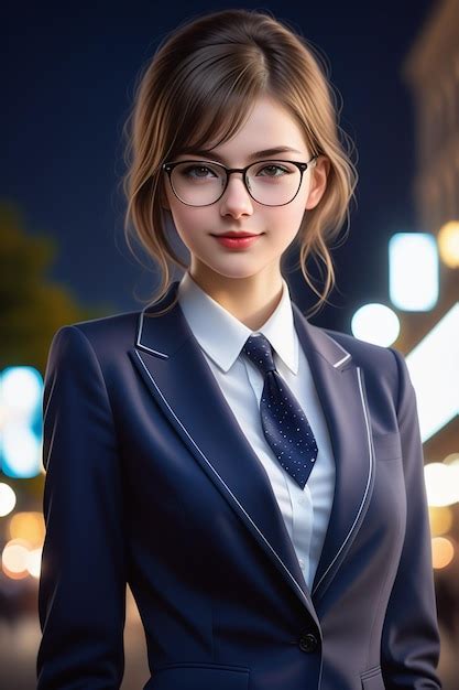 Premium Photo A Young European Pretty Girl In Suit And Glasses On A Night Background In