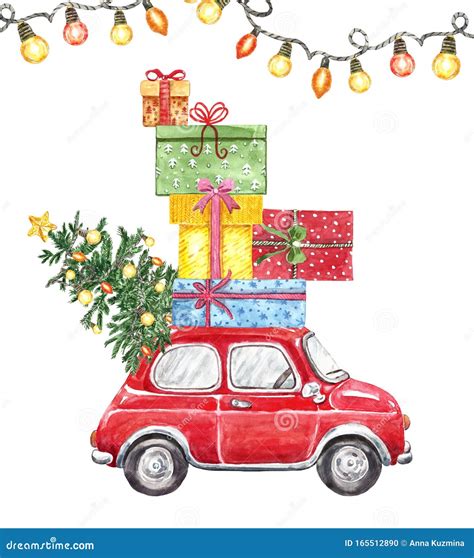 Christmas Watercolor Illustration With Hand Drawn Red Car Fir Tree