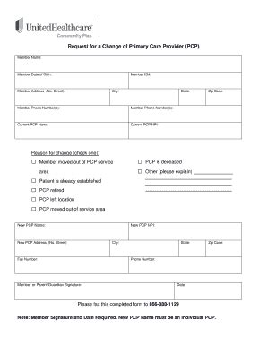 Fillable Online Request For A Change Of Primary Care Provider PCP Fax