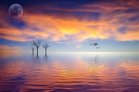 HD wallpaper: still, calm, tranquil, moon, sunset, sky, ocean, lake ...