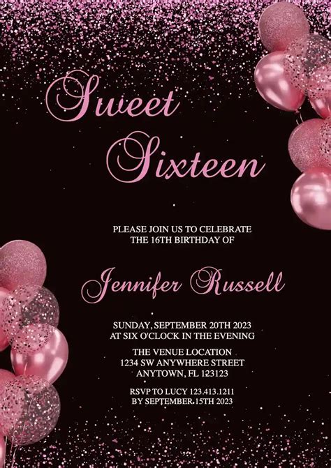 Pink Glitter Balloon Free Teens Birthday Invitation Templates Invitanku