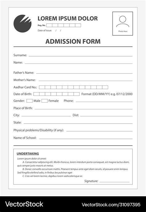 Clean Application Form For Admission Document Vector Image