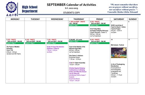 High School September 2022 Calendar of Activities - Immaculate ...