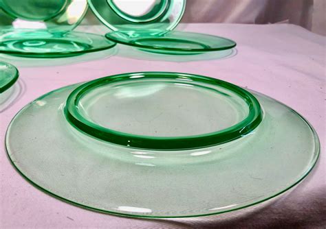 Vintage Midcentury Green Glass Plates Set Of Eight