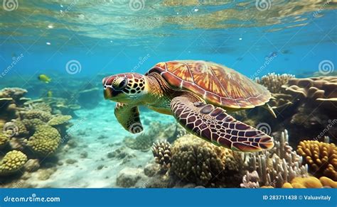 Sea Turtle Swimming In The Ocean Among Colorful Coral Reef Underwater