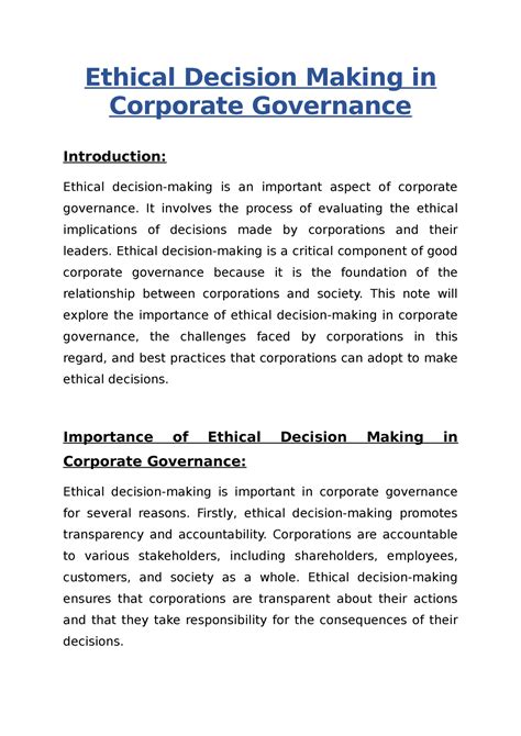 Ethical Decision Making In Corporate Governance Ethical Decision