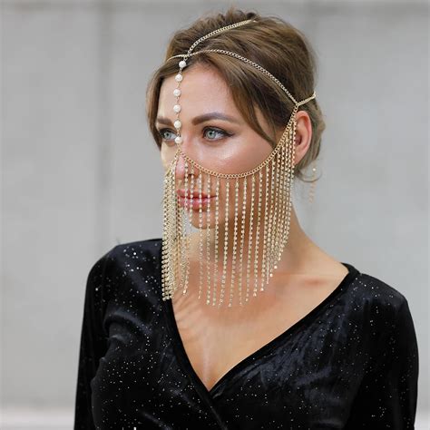 Tassel Veil Masks Handmade Rhinestone Chain Face Mask Party Women Head