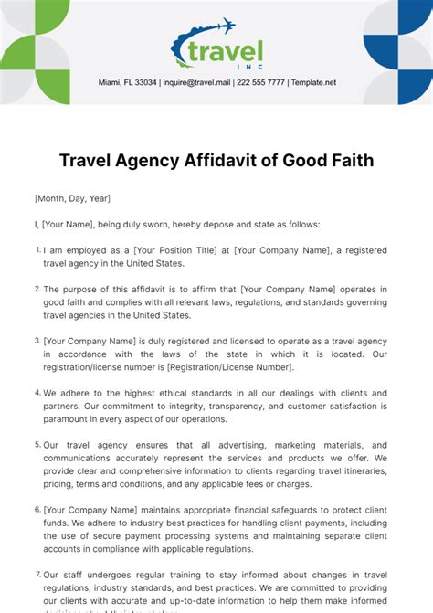 Free Travel Agency Affidavit Of Good Faith Template Edit Online