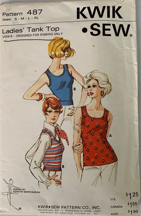 Kwik Sew 487 Designed By Kerstin Martensson Misses Scoop Neck Tank Top Cropped Tank Top 1970 S