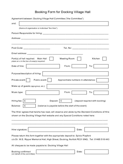 Fillable Online Booking Form 1 Docking Village Hall Fax Email Print Pdffiller