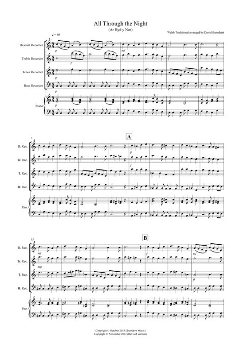 All Through The Night For Recorder Quartet Arr David Burndrett Sheet Music Welsh