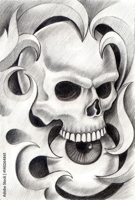 Art skull tattoo. Design skull mix graphic and tribal for tattoo hand drawing on paper. Stock ...