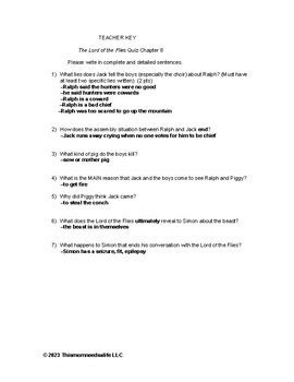 The Lord Of The Flies Chapter Short Answer Quiz With Teacher Key