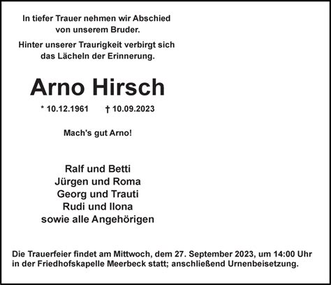 Traueranzeigen Von Arno Hirsch Trauer Anzeigen De