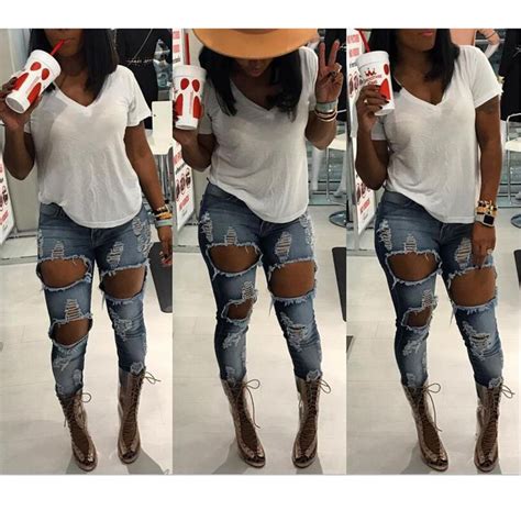 High Waist Hollow Out Rough Holes Skinny Long Jeans Fashion Cute