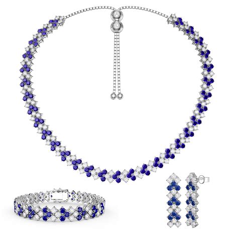 Three Row Sapphire And Diamond Cz Rhoudim Plated Silver Jewelry Set