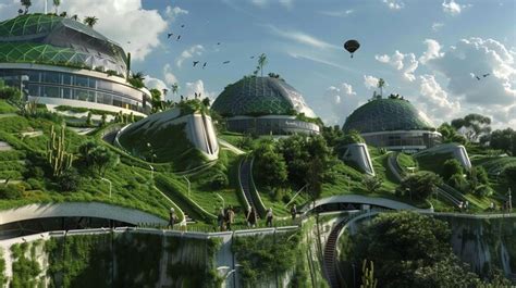 Futuristic City With Biodomes And Lush Vegetation Premium Ai