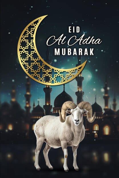 Un Cartel Para Eid Al Adverta Mubarak Con Una Cabra Y Una Luna Al Fondo