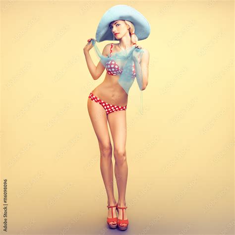 Fashion Pinup Woman In Fashion Beach Bikini Swimsuit Playful Sexy