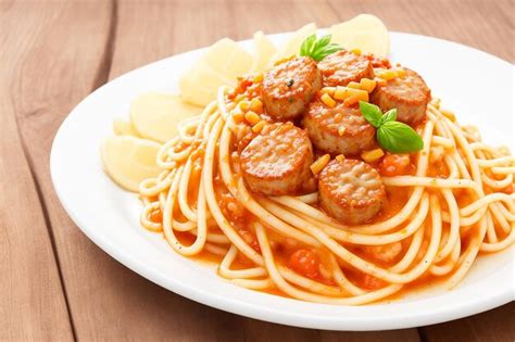 Premium Ai Image Delicious Spaghetti With Sausage On Wooden Background