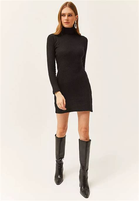 Buy Olalook Black Full Turtleneck Thick Ribbed Mini Dress Online