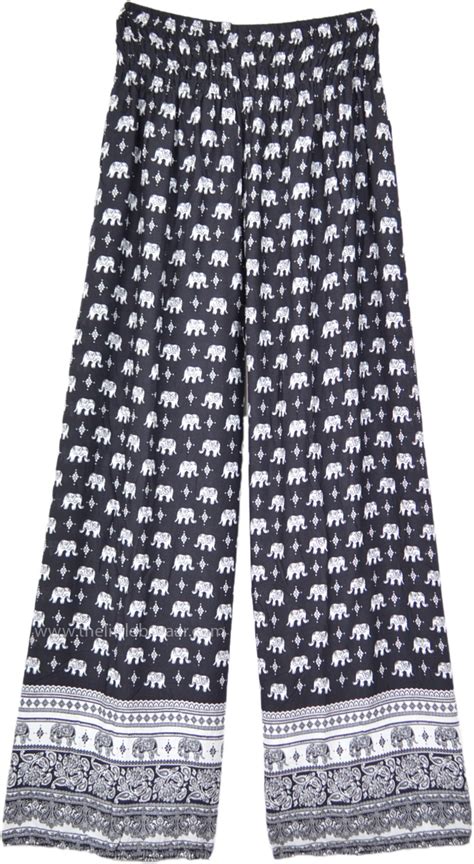 Black Palazzo Beach Pants Elephant Print Smocked Waist Black Split Skirts Pants Misses