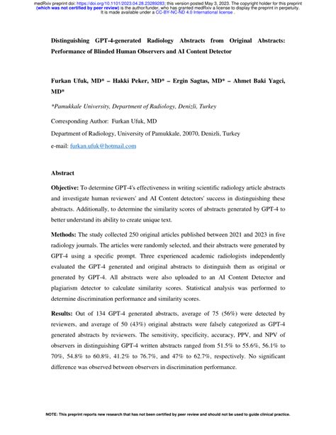 Pdf Distinguishing Gpt Generated Radiology Abstracts From Original