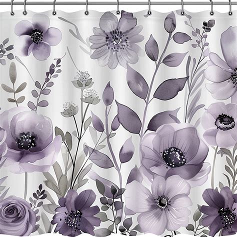 Boho Chic Lavender And Gray Floral Shower Curtain With Leaf Accents