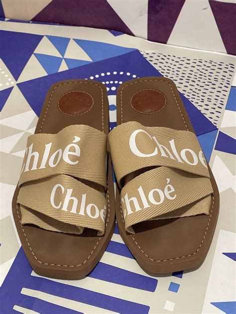 Chloe Woody Flat Logo Ribbon Slide Mule Sandals Size Gem